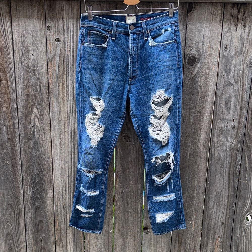 Alice + Olivia Distressed Blue Straight Leg Jeans